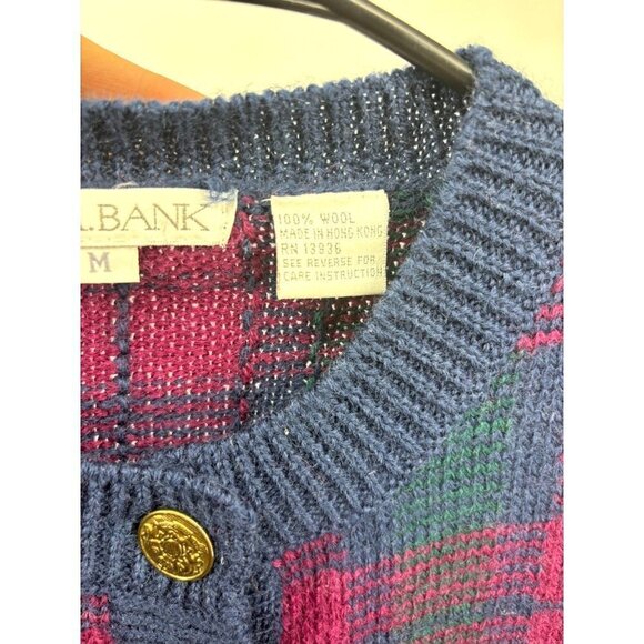 Vintage Jos A Bank Plaid Wool Cardigan Gold Button Red Blue Medium - Picture 3 of 5